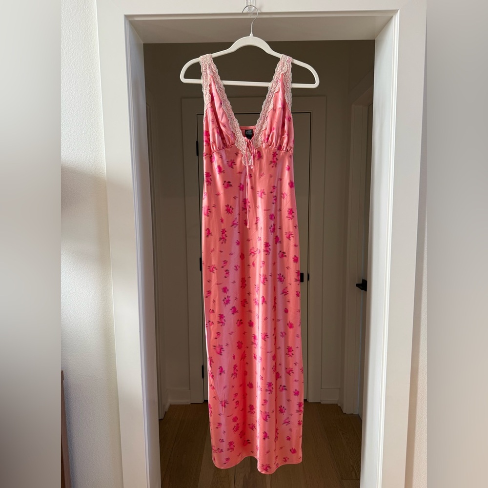 Satin Lace Maxi Slip Dress - Size S - Pink